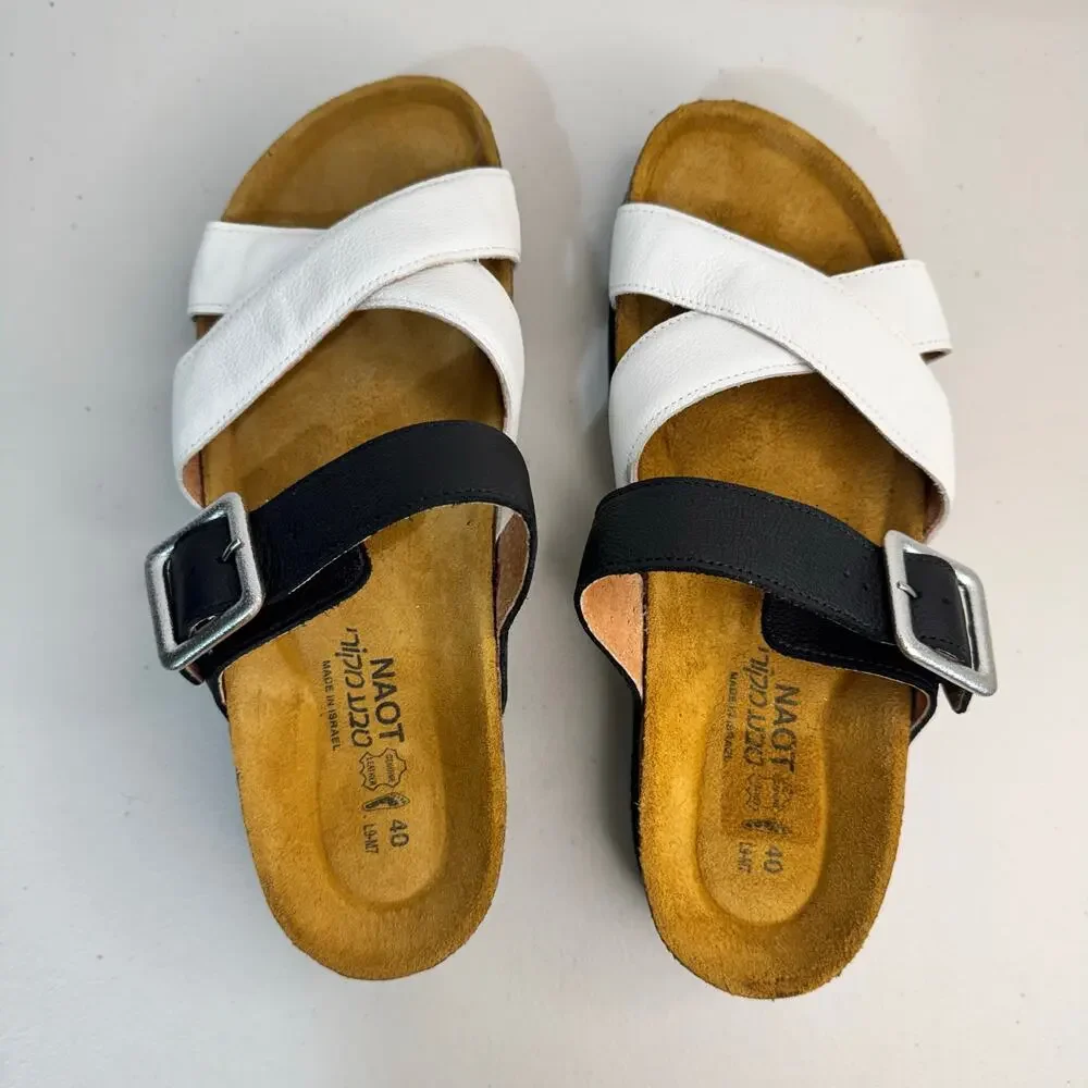 NAOT Juliette Platform Slide Sandal Soft Black & White Leather Straps Women’s 9
